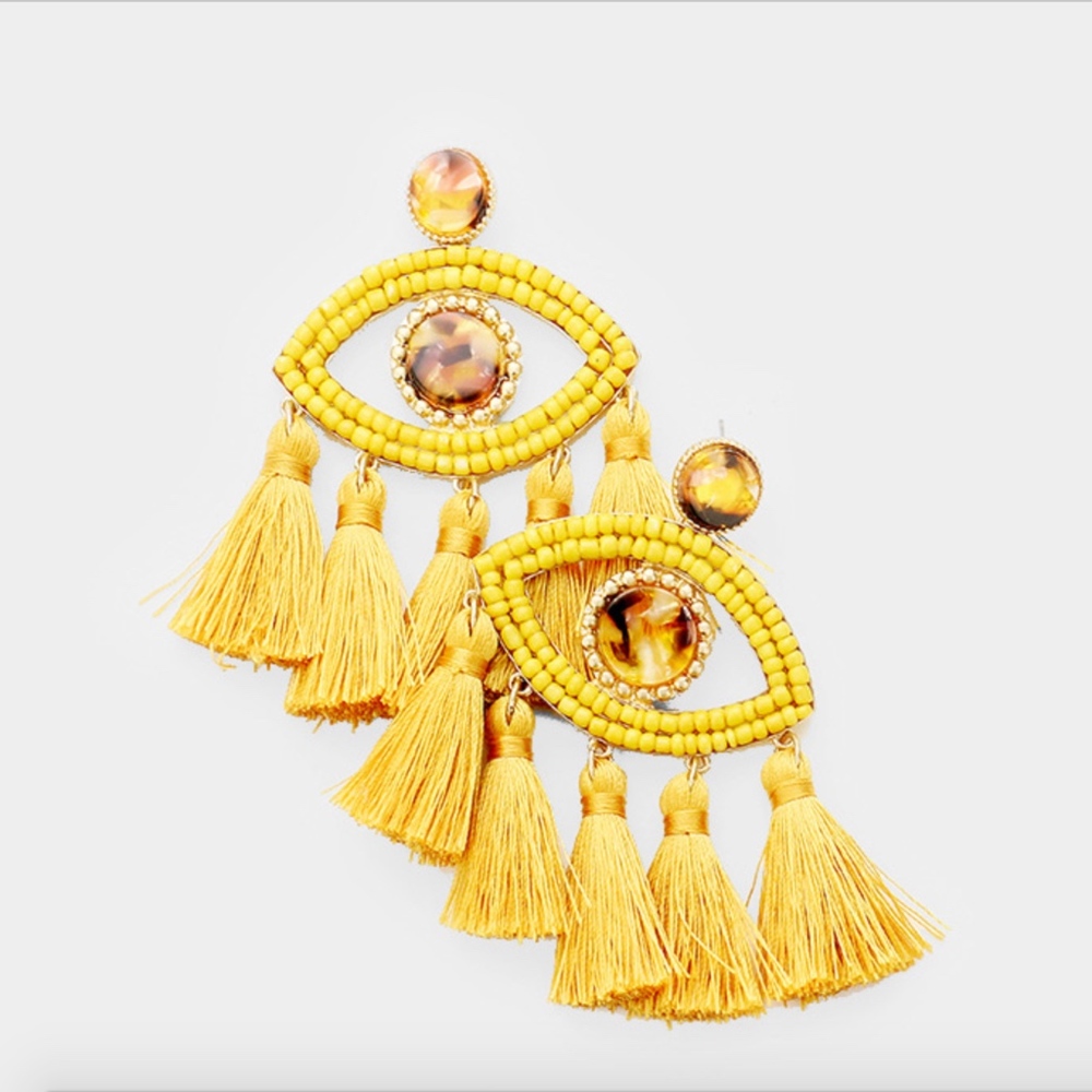 Evil Eye Yellow Beaded Embellished Tassel Earrings - Picture 1 of 2